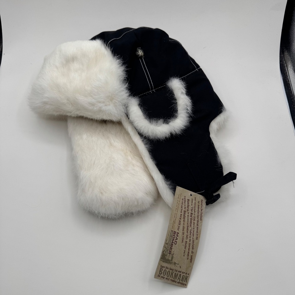 Mad Bomber Womens sz M Black White Rabbit Fur Trapper Hat Aviator Winter Cap NWT